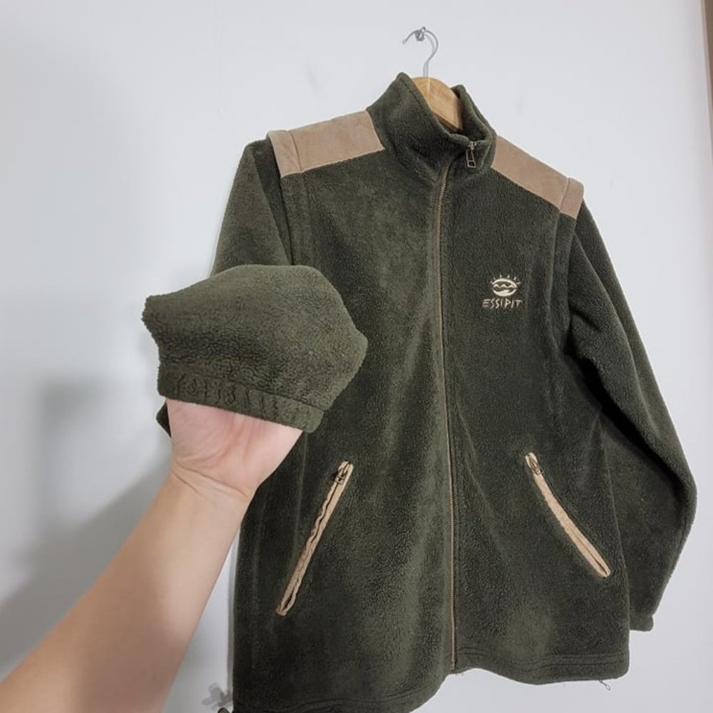 Vintage Olive Green Fleece Jacket with Tan Accents - Picture 10 of 13